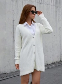 RueChic Women Solid Color Hairy Yarn V-Neck Front Button Drop Shoulder Cardigan - White - View 2