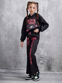 SHEIN Explorewe 2pcs/Set Goth Punk Stylish Graphic Print Fleece Sweatshirt Set For Tween Girls - Black - View 3