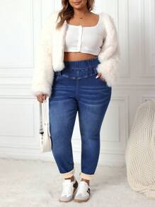 SHEIN CURVE+ Blue Plus Size Jeans Skinny Stretch Fleece Trousers Lined For Added Warmth - Dark Wash - View 5