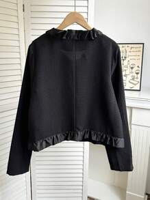 Chiquease Waffle tricô patchwork solto ajuste babado decoração jaqueta feminina, moda outono outerwear - Preto - Ver 2