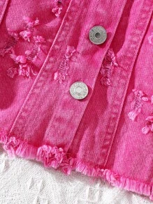 SHEIN Baby Girl Letter Embroidery Distressed Front Button Long Sleeve Jacket - Pink - View 5