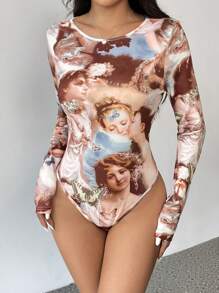 Chiquease Women's Form-Fitting Sexy Printed Long Sleeve Bodysuit, For Autumn