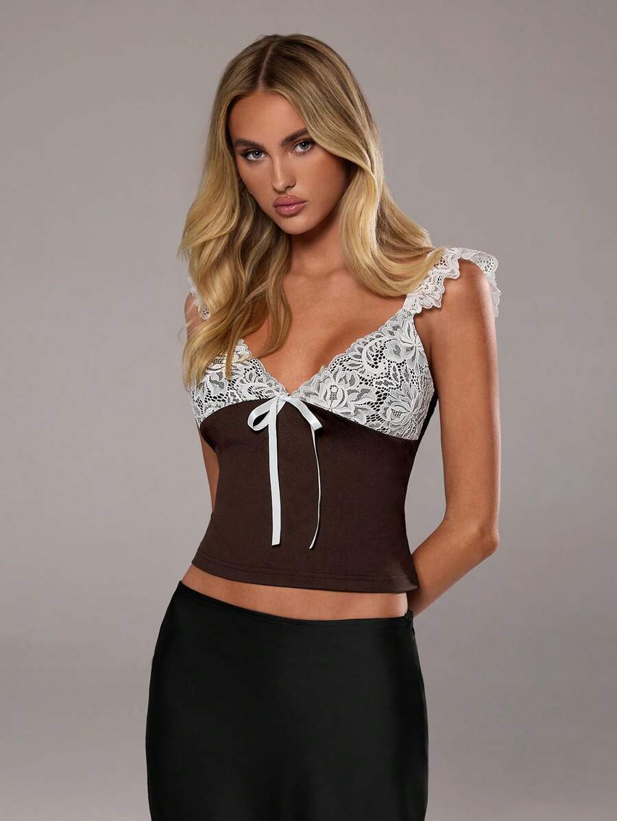 Aloruh Áo ba lỗ cổ chữ V thêu ren nhiều màu trang trí nơ thanh lịch - màu nâu - Xem 1