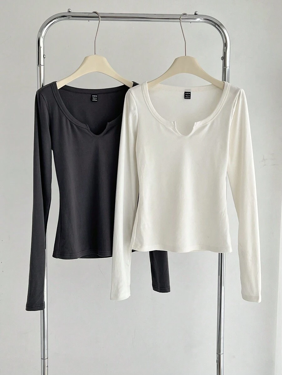 SHEIN BASICS 2 件套纯色 V 领长袖修身女式 T 恤 - 彩色 - 查看 1