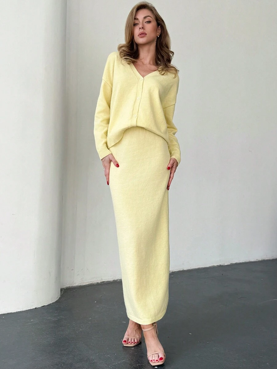 Firerie 2 件休闲优雅通勤女装：宽松纽扣开衫和高腰长裙针织毛衣，秋冬 - 黃色 - 查看 1
