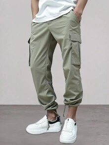 Manfinity Hypemode Herren Cargo Hose mit weitem Bein, locker geschnitten, mit Taschen - Grün - Übersicht 3