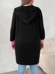 SHEIN LUNE Chaqueta informal tipo cárdigan de manga larga con bolsillo tipo canguro, cuello con capucha y ribete de contraste de talla grande