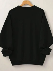 SHEIN CURVE+ 大码女式心形印花圆领运动衫 - 黑色 - 查看 2
