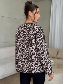 SHEIN Privé 女式休闲豹纹撞色前系带宽松夹克，秋季 - 彩色 - 查看 2