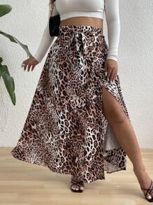 SHEIN Clasi Plus Size Women's Vacation Tie Knot Leopard Print Side Slit Skirt - Multicolor - View 1