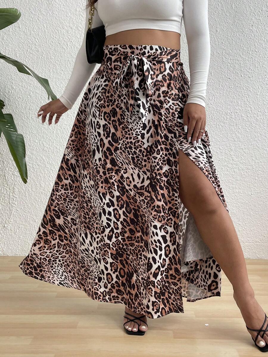 SHEIN Clasi Plus Size Women's Vacation Tie Knot Leopard Print Side Slit Skirt - Multicolor - View 1