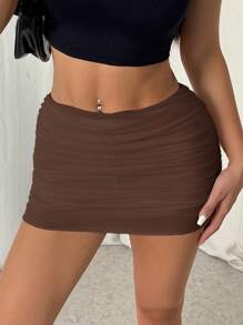 SHEIN EZwear Váy mini bodycon lưới xếp nếp cạp siêu thấp màu trơn cho nữ - màu nâu - Xem 5
