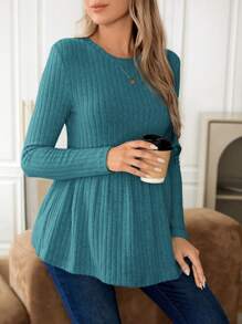 SHEIN 孕妇休闲纯色圆领罗纹针织长袖 T 恤，秋季，孕妇装 - 藍色 - 查看 3