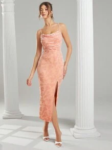 L'Amorae 女士花卉图案侧开衩荷叶边下摆优雅吊带裙 - 粉色 - 查看 6