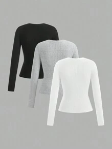 SHEIN EZwear Multi-Color Plus Size Women's Round Neck Long Sleeve T-Shirt Set - Multicolor - View 2