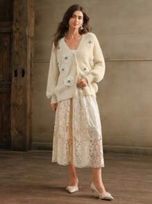 Anewsta 奢华圣诞加厚 3D 花卉串珠针织优雅开衫，秋冬 - 杏色 - 查看 4