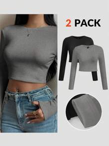 SHEIN BASICS 2 件纯色针织圆领长袖修身短款 T 恤，升级保暖面料，保暖内衬，不显臃肿，基本款弹性百搭秋冬女式上衣 - 淺灰色 - 查看 7