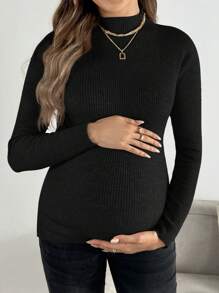 SHEIN Maternity Casual Everyday Commute Simple Solid Color Stand Collar Slim Fit Pullover Sweater, Autumn/Winter - Black - View 4