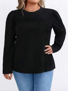 SHEIN LUNE Plus Size Women Jednolity Kolor Okrągły Dekolt Długi Rękaw Casual T-shirt, Jesień