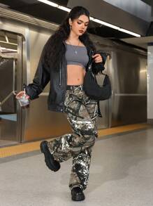 SHEIN PETITE Pantalon en jean de style de rue cargo à la mode, style bloc de couleur pour femmes - Militaire verte - Voir 6