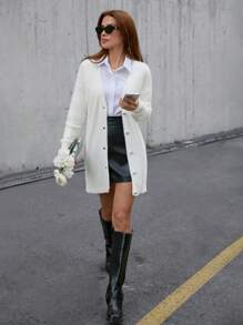 RueChic Women Solid Color Hairy Yarn V-Neck Front Button Drop Shoulder Cardigan - White - View 5