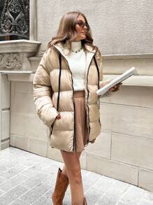 EURMUSE Zip-Up Winter Jacket With Drawstring, Banded Hem & Hooded Collar, Long Sleeve - Beige - View 4