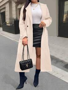 Calvaya Áo khoác nữ cổ ve màu trơn cỡ lớn có túi cài hai hàng khuy - Màu be - Xem 5