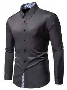 Manfinity Homme Men's Casual Patchwork Print Long Sleeve Shirt, Autumn - Grey - View 3