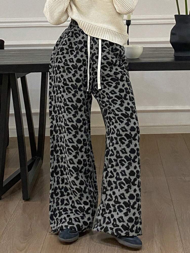 Women Leopard Print Thermal Lined Drawstring Waist Loose Pants Cheetah Print,Fall Clothes