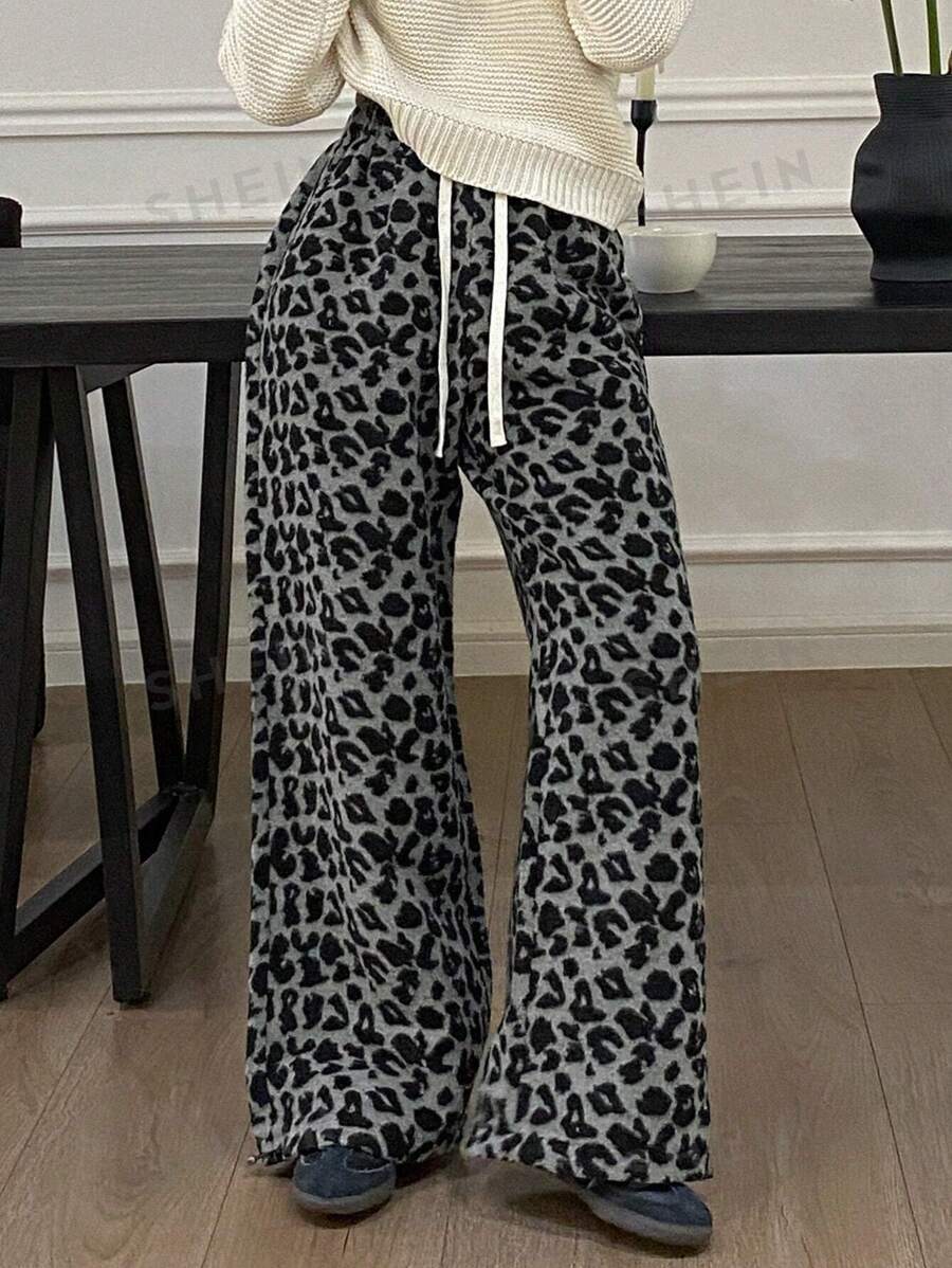 DAZY Pantalones sueltos con cintura con cordón y forro térmico con estampado de leopardo/guepardo, ropa de otoño para mujer