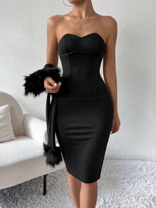 Firerie 3pcs Women Set: Black Feather Patchwork Jacket, Tube Top And Mini Skirt