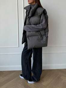 Women Casual Solid Color Oblique Pocket Zipper Front Vest, Does Not Include Sweater - Grey - View 5