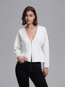 Women's Solid V-Neck Loose Batwing Cardigan - White - View 1