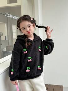 Young Girl Winter Casual 3D Cherry Decor Fleece Hooded Sweatshirt