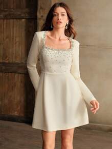 Anewsta Women's Luxury Rhinestone Embellished Christmas Dress For Autumn/Winter - Apricot - View 7