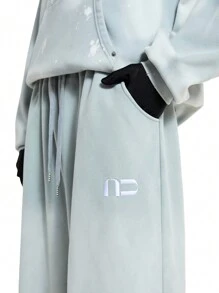 NEON BLANC 2pcs Men's Embroidered Distressed Hoodie And Drawstring Waist Pants Set, For Fall Winter - Grey - View 5