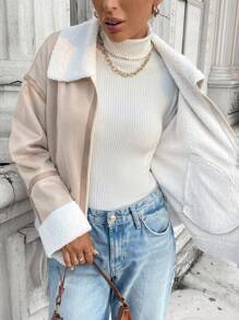 SHEIN LUNE Women Casual Basic Faux Shearling Lined Pockets Jacket Coat, Autumn/Winter - Apricot - View 7
