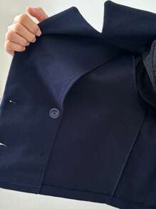 SHEIN PETITE 1件女款秋冬純色彼得潘領長袖雙排扣短版夾克，適合嬌小女性 - 藏蓝色 - 查看 8