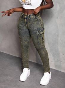 Slaydiva Jeans casuales skinny con bolsillos utilitarios para mujer - Mostaza Amarilla - Ver 5