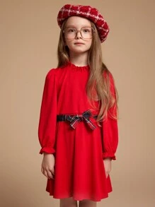 PrepCrw Vestido corto con mangas largas de unicolor con detalle fruncido para niña joven - Rojo - Ver 11