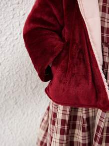 Blossori 年轻女孩法式优雅酒红色蓬松修身拉链连帽衫，秋冬 - 紅色 - 查看 8