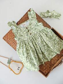 Cozy Pixies 女婴花卉印花圆领荷叶边下摆收腰短袖茶会连衣裙