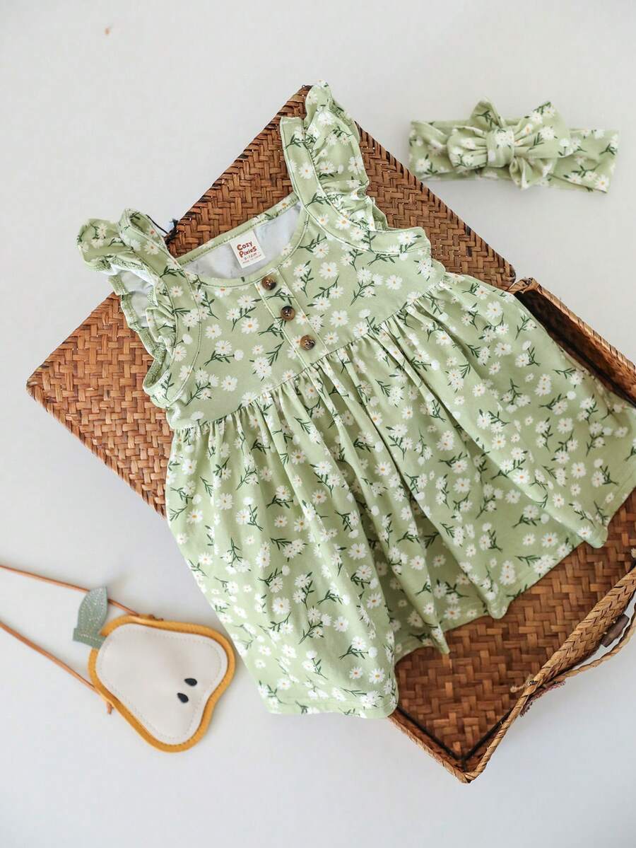 Cozy Pixies 女婴花卉印花圆领荷叶边下摆收腰短袖茶会连衣裙