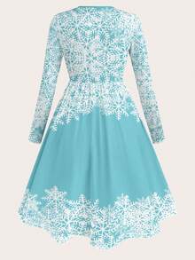 SHEIN LUNE 大码女式圣诞雪人与雪花印花圆领长袖连衣裙，休闲秋冬日常连衣裙长款女装 - 彩色 - 查看 2