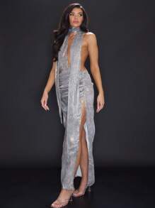 MUSERA 露背深V领长款连衣裙，优雅春夏度假派对秋季新娘单身派对婚礼长裙 - 銀色 - 查看 2