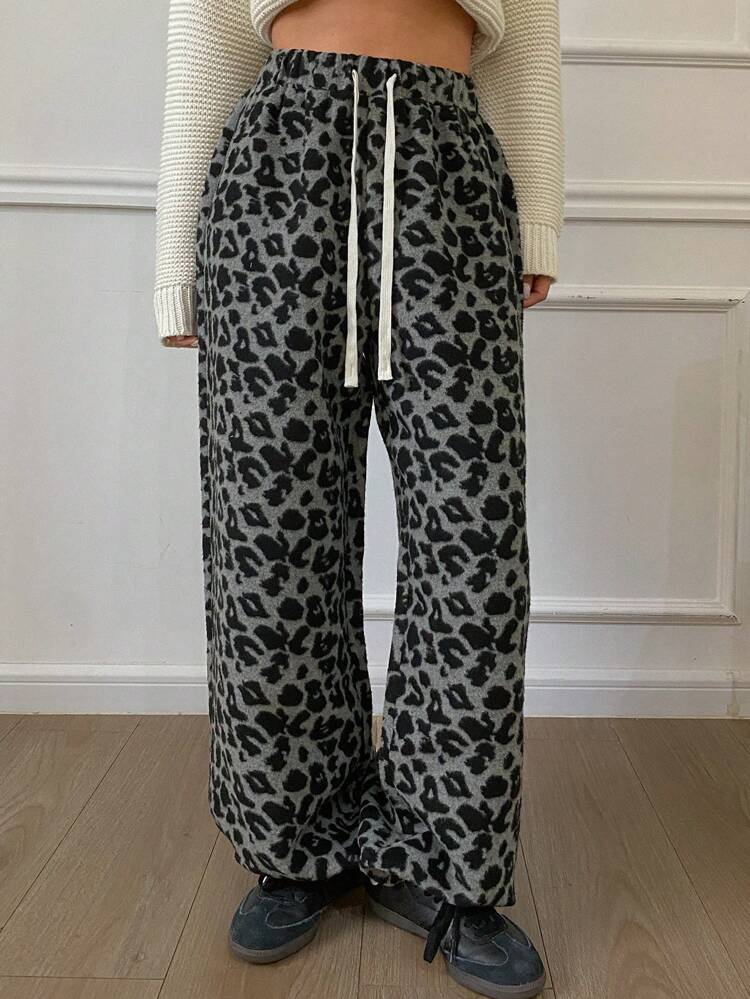 Women Leopard Print Thermal Lined Drawstring Waist Loose Pants Cheetah Print,Fall Clothes