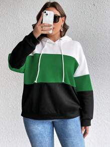 SHEIN LUNE 大码撞色抽绳连帽衫，带保暖内衬，适合秋冬季休闲穿着 - 彩色 - 查看 4