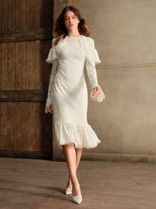 Anewsta Elegantes Damen Kleid mit Rüschen-Organza-Spitze, Flatterärmeln und Meerjungfrau-Stil, geeignet für Silvester, Weihnachten