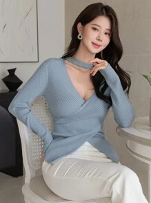 DAZY Solid Color V-Neck Slit Fitted Women Sweater,Fall Clothes - Blue - View 1