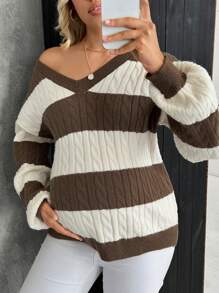 SHEIN V-Neck Long Sleeve Striped Knit Sweater For Pregnant Women, Casual For Daily Wear, For Maternity, For Winter - Multicolor - View 5